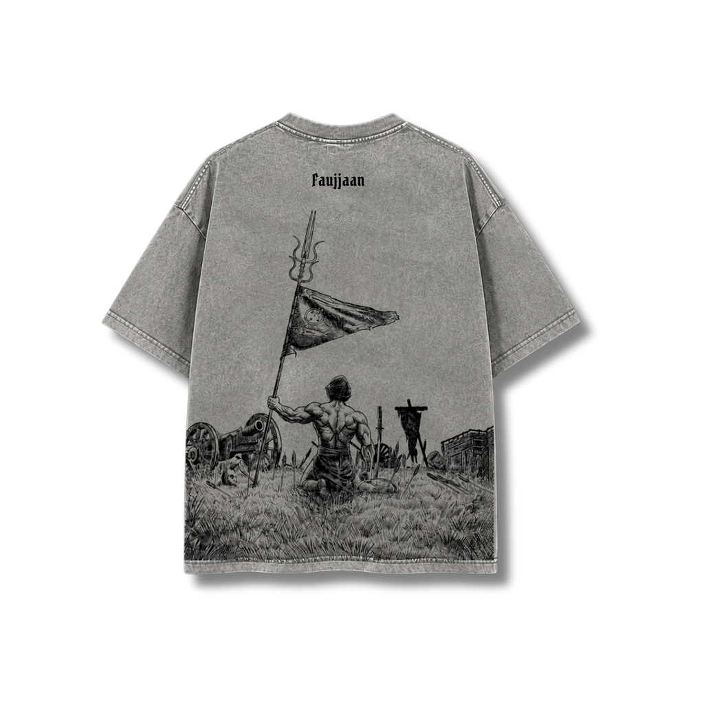 Grey Acid Wash War Theme T-Shirt