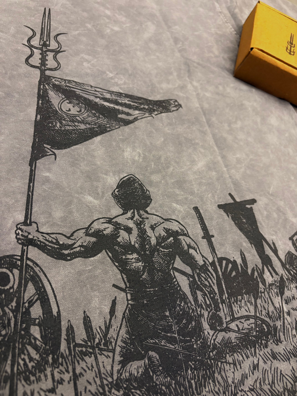 Grey Acid Wash War Theme T-Shirt